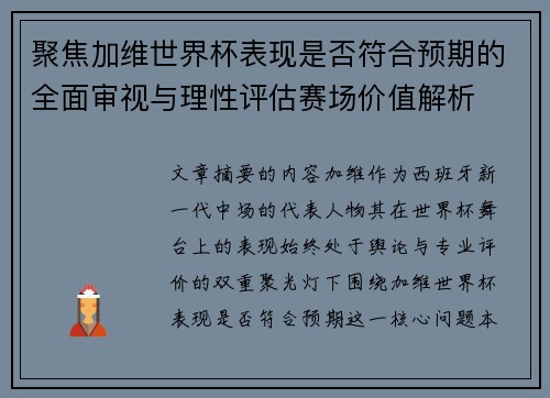 聚焦加维世界杯表现是否符合预期的全面审视与理性评估赛场价值解析